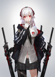 Rule 34 | 1girl, black pantyhose, breasts, cowboy shot, dress shirt, female focus, gloves, gradient background, grey background, headgear, heavily armed high school girls, highres, jacket, long hair, looking at viewer, medium breasts, multicolored hair, neco, open clothes, open jacket, original, pantyhose, pleated skirt, red eyes, shi (heavily armed high school girls), shirt, simple background, skirt, solo, sword, two-tone hair, weapon, white gloves, white hair