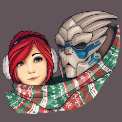 Rule 34 | alien, christmas, commander shepard, commander shepard (female), couple, earmuffs, garrus vakarian, highres, mass effect (series), scarf, tumblr, turian, zellemojo