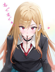 1girl alche_(benruce) barbell_piercing black_choker black_sweater blonde_hair blue_background blush breasts choker cleavage closed_mouth collarbone ear_piercing food food_in_mouth gradient_background heart heart-shaped_pupils highres incoming_pocky_kiss kitagawa_marin long_sleeves looking_at_viewer necktie piercing pocky pocky_in_mouth red_eyes red_necktie school_uniform solo sono_bisque_doll_wa_koi_wo_suru sweater symbol-shaped_pupils translation_request upper_body winter_uniform