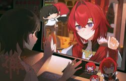 Rule 34 | 2girls, ange katrina, ange katrina (1st costume), brown hair, character doll, chibi, chibi inset, closed mouth, computer keyboard, crossed bangs, desk, doll, hair between eyes, hair intakes, hair ornament, hands up, hug, imagining, jiaolebao, light blush, looking at another, medium hair, monitor, multiple girls, nijisanji, palms together, purple eyes, red hair, sanbaka anniversary outfit, short hair, smile, through medium, through screen, triangle hair ornament, virtual youtuber, watermark, watermark grid