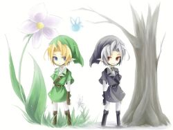 146944 2boys bad_id bad_pixiv_id blonde_hair blue_eyes dark_link earrings fairy flower gloves grey_hair hat jewelry link multiple_boys navi nintendo pointy_ears red_eyes smile the_legend_of_zelda the_legend_of_zelda:_ocarina_of_time