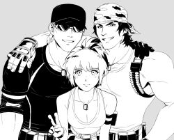 00a3af_231 1girl 2boys ammunition armlet bad_tag bandana baseball_cap black_hair breasts clark_still cleavage dog_tags fingerless_gloves gloves greyscale hat highres hug ikari_warriors jewelry leona_heidern mature_male monochrome multiple_boys muscular muscular_male ponytail ralf_jones sleeveless smile soldier sunglasses tank_top the_king_of_fighters