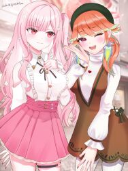 2girls absurdres beret blush brown_dress clothing_cutout dress earrings feather_earrings feathers flower flower_thigh_strap frilled_shirt frills green_trim hair_flower hair_ornament hat highres hololive hololive_english jewelry looking_at_viewer mori_calliope mori_calliope_(kawaiiope) multiple_girls official_alternate_costume official_alternate_hairstyle one_eye_closed open_mouth pants pants_under_dress pink_hair pink_skirt purple_eyes ribbed_pantyhose shirt shirt_under_dress shoulder_cutout signature skirt smile takanashi_kiara takanashi_kiara_(winter_casual) twintails uji10ukifune virtual_youtuber white_shirt