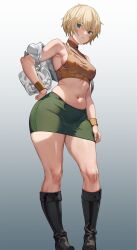 1girl blonde_hair boots breasts dead_by_daylight full_body heather_mason highres jacket looking_at_viewer miniskirt pencil_skirt short_hair silent_hill_(series) silent_hill_3 simple_background skirt sleeveless sleeveless_turtleneck solo suzusiron thighs turtleneck vest weapon white_background wristband