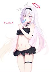 1girl absurdres bare_arms bare_shoulders bikini black_bikini black_choker blue_archive character_name choker criss-cross_halter food food_in_mouth frilled_bikini frills grey_eyes hair_over_one_eye hair_ribbon hairband halo halterneck highres holding holding_food holding_popsicle long_hair looking_at_viewer navel plana_(blue_archive) popsicle popsicle_in_mouth ribbon simple_background solo stomach string_bikini swimsuit thigh_strap thighs very_long_hair white_background white_hair zapik