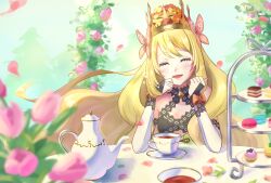 1girl bow butterfly_hair_ornament celine_(fire_emblem) closed_eyes crown cup elbows_on_table eyelashes facing_viewer fire_emblem fire_emblem_engage flower hair_flower hair_ornament long_hair nintendo open_mouth orange_bow petals plate shiriusu solo table tea teacup teapot tiered_tray upper_body very_long_hair wrist_bow