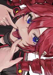1girl blue_eyes blush close-up commentary_request double-parted_bangs drill_hair finger_in_own_mouth forced_smile hair_between_eyes highres kasane_teto long_eyelashes looking_at_viewer red_hair sharp_teeth skull_08 solo teeth tongue tongue_out twin_drills utau