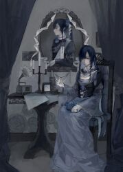 Rule 34 | 1girl, ado (utaite), black corset, blue eyes, blue flower, blue hair, blue rose, blue skirt, chair, chando (ado), closed mouth, commentary, corset, dual persona, flower, hashtag-only commentary, highres, htt hatuotuo, juliet sleeves, long hair, long sleeves, mirror, phonograph, ponytail, puffy sleeves, rose, sitting, skirt, solo, standing
