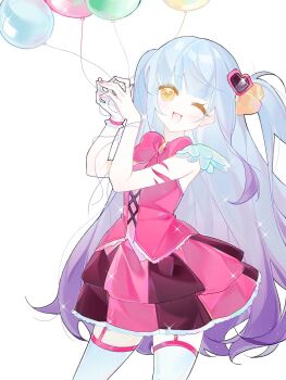 Rule 34 | 1girl, balloon, blue hair, bow, bowtie, hair ornament, heart, heart hair ornament, highres, ifudyci, lobotomy corporation, long hair, looking at viewer, magical girl, one eye closed, open mouth, pink bow, pink bowtie, pink garter straps, pink nails, pink skirt, pink vest, project moon, queen of hatred, simple background, skirt, solo, standing, striped clothes, striped skirt, two side up, upper body, vertical-striped clothes, vertical-striped skirt, vest, white background, yellow eyes