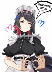 Rule 34 | 1girl, absurdres, apron, belt, black belt, black dress, black hair, breasts, colored inner hair, commentary, dress, ellen joe, heart, heart hands, highres, large breasts, maid, maid headdress, multicolored hair, piranha (piranha arts), puffy short sleeves, puffy sleeves, red eyes, red hair, short hair, short sleeves, simple background, solo, speech bubble, tail, upper body, waist apron, white apron, white background, zenless zone zero