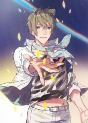 1boy belt blonde_hair blue_eyes blue_neckerchief commentary cowboy_shot english_commentary feather_print gradient_background grey_shirt hair_between_eyes idolmaster idolmaster_side-m jacket kashiwagi_tsubasa light_particles looking_to_the_side male_focus midriff_peek nana_tetra neckerchief pants rainbow reaching shirt solo white_belt white_jacket white_pants