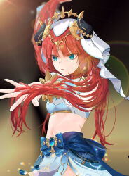 1girl absurdres aqua_eyes blue_brooch blue_gemstone brooch crop_top detached_sleeves fake_horns gem genshin_impact hair_ornament hand_in_own_hair harem_outfit highres horns jewelry long_hair midriff navel nilou_(genshin_impact) parted_lips pee_poncopo red_hair solo upper_body veil very_long_hair white_veil