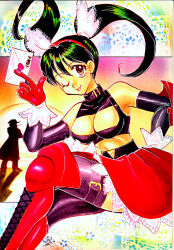 Rule 34 | 1boy, 1girl, abstract background, bahn, black hair, boots, bra, cleavage cutout, clothing cutout, detached sleeves, facing away, fighting vipers, gloves, hair ornament, hairband, heart, honey (fighting vipers), japanese text, lace, long hair, magicwinx, mail, one eye closed, red eyes, red skirt, sega, skirt, sunset, thigh boots, thighhighs, tongue, tongue out, toothpick, underwear, wink
