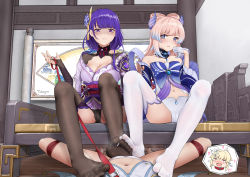 3girls :| absurdres bdsm black_legwear black_panties blue_eyes blunt_bangs blush bondage bound bound_legs braid breasts bridal_gauntlets cameltoe chinese_commentary cleavage closed_mouth cooperative_footjob detached_collar drooling expressionless feet female_footjob female_pov femdom flower footjob genshin_impact gradient_hair hair_flower hair_ornament highres holding holding_leash japanese_clothes lace large_breasts leash long_hair long_sleeves low-braided_long_hair low-tied_long_hair lumine_(genshin_impact) masochism mitsudomoe_(shape) multicolored_hair multiple_girls navel no_shoes obi obiage obijime open_mouth panties pantyhose pink_hair pov purple_eyes purple_hair raiden_shogun rope sadism sangonomiya_kokomi sash shaded_face sidelocks sitting soles teamwork_(sexual) thighhighs toes tokayou tomoe_(symbol) underwear viewer_on_leash white_legwear white_panties yuri