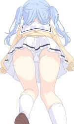 1girl bent_over blue_hair brown_shoes cardigan from_behind highres kneehighs len_0428 medium_hair original panties pantyshot pleated_skirt sailor_collar school_uniform serafuku shoes simple_background skirt socks twintails underwear white_background white_panties white_sailor_collar white_skirt white_socks yellow_cardigan