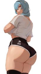 1girl absurdres alternate_costume ass ass_focus black_hairband black_shorts blue_hair breasts dolphin_shorts eula_(genshin_impact) from_below genshin_impact hair_ornament hairband highres huge_ass large_breasts looking_down medium_hair mirai_hikari shirt shorts simple_background solo t-shirt thick_thighs thighs underbutt white_background white_shirt