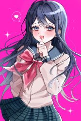 1girl :d blue_eyes blue_hair blue_sailor_collar blush bow bowtie collarbone commentary danganronpa:_trigger_happy_havoc danganronpa_(series) hair_ornament hairclip hand_up heart highres long_hair maizono_sayaka miniskirt open_mouth pink_background pink_bow pink_bowtie plaid_clothes plaid_skirt pleated_skirt sailor_collar shirt simple_background skirt smile solo speech_bubble spoken_heart symbol-only_commentary white_shirt yuyu_(yuuyudayo1211)