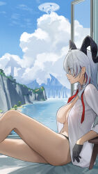 1girl absurdres bare_legs black_choker black_gloves black_horns black_panties breasts choker closed_mouth cloud collared_shirt commentary curled_horns english_commentary from_side gloves grey_hair highres horns large_breasts legs long_hair looking_outside mole mole_on_breast multicolored_hair navel necktie no_bra no_pants open_clothes open_shirt open_window panties pomerui profile red_eyes red_necktie shirt sitting solo stomach streaked_hair thighs underwear undone_necktie white_shirt window wuthering_waves zani_(wuthering_waves)