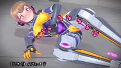 1girl 3d agent_mirai blender_(medium) blush bodysuit breasts brown_hair cameltoe corruption covered_erect_nipples highres impossible_bodysuit impossible_clothes lying mechanical_legs mirai_(agent_mirai) multicolored_hair on_side personality_excrement pubic_tattoo short_hair skin_tight solo tattoo tearing_up umaaji_lady_mk2