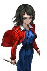 Rule 34 | 1girl, bang dream!, bang dream! it&#039;s mygo!!!!!, black hair, blood, blood on face, blood on hands, blue eyes, blue kimono, closed mouth, commentary request, cosplay, highres, holding, holding knife, jacket, japanese clothes, kara no kyoukai, kimono, knife, medium hair, red jacket, ryougi shiki, ryougi shiki (cosplay), simple background, solo, v komet, white background, yahata umiri, zipper