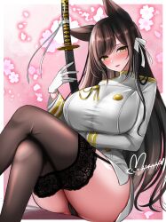 1girl animal_ears artist_name ass atago_(azur_lane) azur_lane black_hair black_panties black_thighhighs blush breasts brown_hair crossed_legs dog_ears garter_straps gloves hair_ribbon hisin holding holding_weapon huge_breasts jacket katana large_breasts long_hair long_sleeves looking_at_viewer military military_uniform miniskirt mole mole_under_eye panties pantyshot pencil_skirt ribbon sheath sheathed signature sitting skirt smile solo swept_bangs sword thighhighs thighs underwear weapon white_gloves white_ribbon yellow_eyes