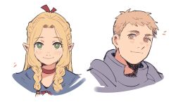 1boy 1girl armor blonde_hair blue_capelet braid brown_hair capelet choker commentary curtained_hair dungeon_meshi elf english_commentary gorget green_eyes hair_ribbon highres laios_touden light_smile long_hair looking_at_viewer marcille_donato pointy_ears red_choker red_ribbon ribbon short_hair shoulder_armor tedty33 twin_braids upper_body white_background yellow_eyes