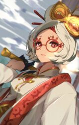 1girl black_gloves breasts coat eye_symbol eyeshadow eyewear_on_head glasses gloves hair_ornament hair_stick headband highres large_breasts makeup medium_breasts nekota_yama nintendo purah red-framed_eyewear red_eyes red_eyeshadow red_headband round_eyewear sheikah solo the_legend_of_zelda the_legend_of_zelda:_tears_of_the_kingdom updo upper_body white_hair