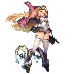 1girl assault_rifle blonde_hair breasts female_focus fingerless_gloves full_body game_cg gloves goggles goggles_on_head grin gun hair_between_eyes highres jacket last_origin leotard long_hair looking_at_viewer navel official_art p-24_pinto paintale red_eyes rifle skindentation smile solo tachi-e thighhighs transparent_background weapon white_thighhighs
