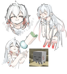 1girl :3 absurdres barefoot blush closed_eyes clothing_cutout flying ghast hair_between_eyes happy_ghast highres humanization long_hair minecraft multicolored_hair personification shirt shoulder_cutout simple_background smile snowball solo tart_egg97970 white_background white_hair white_shirt