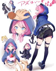 ;p ^_^ absurdres ahoge anmitu_(sui_3959) arknights ass back belt blanket blue_eyes blue_jacket blue_poison_(arknights) blue_poison_(elite_ii)_(arknights) blush bow_(weapon) closed_eyes confession crossbow cupcake dessert disembodied_hand disembodied_head doctor_(arknights) food fruit full_body gummy_(arknights) hand_on_another&#039;s_head headpat highres holding holding_blanket holding_crossbow holding_food holding_jacket holding_unworn_clothes holding_weapon hood hood_up hooded_jacket incoming_food jacket looking_at_viewer looking_back low_twintails multiple_views one_eye_closed parted_lips pink_hair pouch shorts simple_background sleeping smile snoring strawberry suspender_shorts suspenders thighhighs thumbs_up tongue tongue_out twintails unworn_jacket wavy_mouth weapon white_background