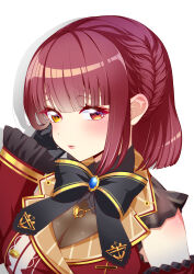 1a1acthulhu 1girl absurdres alternate_hairstyle black_bow black_bowtie black_gloves blue_brooch bob_cut bow bowtie breasts cleavage gloves heart heart_necklace heterochromia highres hololive houshou_marine houshou_marine_(1st_costume) jewelry lips long_sleeves necklace red_eyes red_gloves see-through_cleavage see-through_clothes short_hair solo upper_body virtual_youtuber white_background yellow_eyes