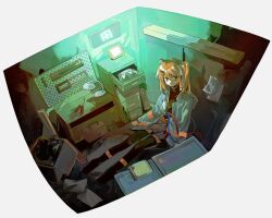 Rule 34 | 1girl, a.i. voice, adachi rei, baseball bat, black pantyhose, black shirt, box, cable, closed mouth, desk, desk lamp, feiwusheng, flat chest, grey skirt, hair between eyes, hair ribbon, hand saw, headlamp, indoors, jacket, lamp, open clothes, open jacket, orange eyes, orange hair, pantyhose, paper, parted bangs, pliers, portrait (object), radio antenna, ribbon, robot, saw, screwdriver, shirt, side ponytail, sitting, skirt, solo, tools, utau, white jacket, white ribbon