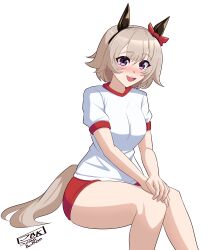 1girl animal_ears artist_logo artist_name black_hairband blush bow breasts buruma commentary_request curren_chan_(umamusume) ear_bow ear_covers grey_hair gym_uniform hair_between_eyes hairband hands_on_own_knee highres horse_ears horse_girl horse_tail julian_belkan logo medium_breasts open_mouth puffy_short_sleeves puffy_sleeves purple_eyes red_bow red_buruma shirt short_hair short_sleeves simple_background sitting smile solo tail teeth umamusume upper_teeth_only white_background white_shirt