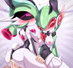 1boy 2girls absurdres arched_back ass backless_leotard bare_shoulders black_bow black_bowtie black_leotard black_sclera blank_eyes blue_hair blush bob_cut bow bowtie breasts breasts_out clothed_pokemon clothing_aside colored_sclera colored_skin cum cum_in_pussy detached_collar ejaculation emphasis_lines erection gardevoir gen_3_pokemon girl_on_top green_hair green_skin group_sex hair_between_eyes half-closed_eyes hetero highres humanoid_robot implied_cunnilingus interspecies iron_valiant joints leotard leotard_aside looking_up mechanization medium_breasts medium_hair mohawk multicolored_hair multicolored_skin multiple_girls nintendo nipples no_mouth nose_blush penis playboy_bunny pokemon pokemon_(creature) profile rabbit_ears rabbit_tail red_eyes red_hair robot robot_joints rolling_eyes sex short_hair short_tail strapless strapless_leotard tail traditional_bowtie trembling twintails two-tone_skin uncensored vaginal white_background white_skin zerokun135