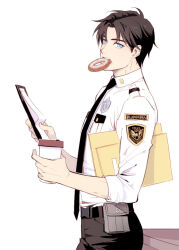 Rule 34 | 1boy, bad id, bad tumblr id, belt, black hair, black necktie, black pants, blue eyes, bread, bread slice, carrying, carrying under arm, collared shirt, cowboy shot, cup, dc comics, dick grayson, disposable coffee cup, disposable cup, donut, folder, food, food in mouth, holding, holding folder, holding notepad, long sleeves, looking at viewer, mask, mouth hold, necktie, notepad, pants, police, police badge, police uniform, policeman, shirt, solo, stariver00, teeth hold, white background, white shirt