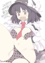 1girl bdsm black_hat blush bondage bound breasts brown_eyes brown_hair gag gagged hat improvised_gag looking_at_viewer necktie non-web_source red_necktie shibatenko shirt solo tape tape_gag torn_underwear touhou usami_renko white_shirt