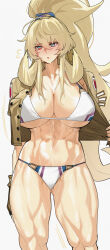 1girl abs absurdres barghest_(fate) barghest_(swimsuit_archer)_(final_ascension)_(fate) bikini blonde_hair blush breasts fate/grand_order fate_(series) green_eyes heterochromia highres hot huge_breasts kamisato_sora long_hair muscular muscular_female official_alternate_costume official_alternate_hairstyle ponytail simple_background solo sweat swimsuit tall_female white_background white_bikini