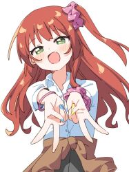 1girl :d alternate_costume bangle blush bocchi_the_rock! bracelet brown_jacket clothes_around_waist commentary double_gyaru_v green_eyes gyaru gyaru_v hair_ornament hair_scrunchie haru_(konomi_150) highres jacket jacket_around_waist jewelry kita_ikuyo kogal long_hair looking_at_viewer one_side_up open_mouth pink_scrunchie red_hair scrunchie shirt simple_background smile solo v white_background white_shirt wrist_scrunchie