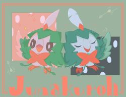 animal_focus arrow_(projectile) beak bird brown_eyes closed_eyes closed_mouth commentary_request cosplay decidueye decidueye_(cosplay) framed gen_7_pokemon green_background highres lemonade_kokoi nintendo no_humans open_mouth pokemon pokemon_(creature) rowlet sparkle standing tongue twitter_username