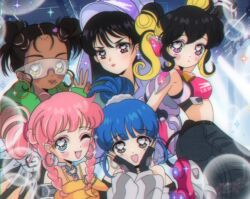 1990s_(style) 5girls ashe_(overwatch) black_hair blue_eyes blue_hair blush braid crop_top d.va_(overwatch) dark-skinned_female dark_skin denim earrings glasses hair_bun hat heart heart_in_eye hoop_earrings illari_(overwatch) jeans jewelry juno_(overwatch) le_sserafim linnery3 mercy_(overwatch) mole mole_above_mouth multiple_girls one_eye_closed overwatch pale_skin pants pink_eyes pink_hair retro_artstyle smile symbol_in_eye twintails