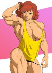 Rule 34 | 1girl, abs, alternate muscle size, april o&#039;neil, arm at side, bare shoulders, biceps, black panties, blue eyes, breasts, cleavage, collarbone, deltoids, flexing, hand up, lace, lace panties, large breasts, long eyelashes, long shirt, looking at viewer, loose clothes, loose shirt, muscular, muscular arms, muscular female, muscular legs, nipples, no bra, obliques, open mouth, oversized clothes, oversized shirt, panties, pectorals, pokkuti, red hair, shirt, short hair, simple background, smile, solo, standing, t-shirt, teenage mutant ninja turtles, thighs, toned, triceps, underwear, upper body, white background