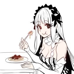 1girl absurdres black_eyes breasts detached_sleeves dress eating ebora fate/strange_fake fate_(series) food fork francesca_prelati_(fate) highres holding holding_fork long_hair looking_at_viewer non-web_source pasta plate smile solo spaghetti upper_body white_dress white_hair