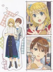 Rule 34 | 2girls, absurdres, black boots, blonde hair, boots, brown eyes, brown hair, clothes hanger, comic yuri hime, cover image, denim, grey eyes, grey shirt, hair ornament, hair scrunchie, hand on another&#039;s shoulder, highres, holding, holding clothes hanger, horiguchi yukiko, jeans, multiple girls, multiple views, official art, pants, red shirt, sandals, scan, scrunchie, shirt, skirt, sweat, white shirt