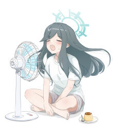 1girl barefoot black_hair blue_archive blue_halo closed_eyes electric_fan food full_body grey_shorts halo highres indian_style long_hair minori_(blue_archive) open_mouth ossa_2019 plate pudding shirt short_sleeves shorts simple_background sitting solo spoon white_background white_shirt