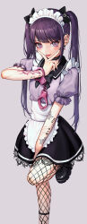 10_plus 1girl :p absurdres arm_tattoo barbell_piercing black_boots black_bow black_nails black_skirt boots bow commentary corset_piercing cuffs cunnilingus_gesture cuts ear_piercing earrings facial_tattoo fishnet_pantyhose fishnets foot_out_of_frame hair_bow handcuffs heart heart_earrings heart_tattoo highres industrial_piercing injury jewelry lace lace-trimmed_skirt lace_trim long_hair looking_at_viewer maid maid_headdress original pantyhose piercing puffy_short_sleeves puffy_sleeves purple_eyes purple_hair purple_shirt self-harm sexually_suggestive shirt short_sleeves sidelocks simple_background skirt solo tattoo tongue tongue_out twintails twitter_username yonic_symbol