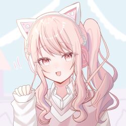 1other :d akiyama_mizuki animal_ear_headphones animal_ears cat_ear_headphones collared_shirt commentary fake_animal_ears hand_up headphones highres light_blush long_hair long_sidelocks long_sleeves looking_at_viewer nabi_(mabinabi0625) official_alternate_costume open_mouth paw_pose pink_eyes pink_hair pink_sweater_vest project_sekai shirt side_ponytail sidelocks sleeves_past_wrists smile solo sweater sweater_vest swept_bangs upper_body white_shirt you_are_my_hero!!_(project_sekai)