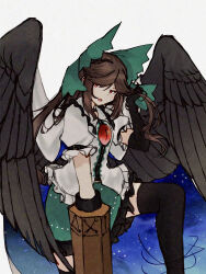 1girl arm_cannon atom black_gloves black_thighhighs black_wings bow brown_hair cape collared_shirt commentary_request control_rod_(touhou) cosmos_0131 elbow_gloves feathered_wings feet_out_of_frame frilled_shirt frilled_shirt_collar frilled_skirt frills gloves green_bow green_skirt hair_bow highres long_hair looking_at_viewer open_mouth print_cape puffy_short_sleeves puffy_sleeves red_eyes reiuji_utsuho shirt short_sleeves simple_background skirt solo starry_sky_print thighhighs third_eye touhou two-sided_cape two-sided_fabric weapon white_background white_cape white_shirt wings zettai_ryouiki