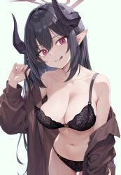 1girl :q bare_shoulders black_bra black_hair black_horns black_panties blue_archive blush bra breasts brown_coat chiaki_(blue_archive) cleavage coat collarbone curved_horns demon_girl demon_horns halo highres horns lace lace_bra lace_panties large_breasts licking_lips lingerie long_hair long_sleeves looking_at_viewer navel off_shoulder open_clothes open_coat panties pointy_ears pulling_own_clothes red_eyes red_halo ryouta_(ryouta335) slit_pupils smile solo strap_pull tongue tongue_out underwear