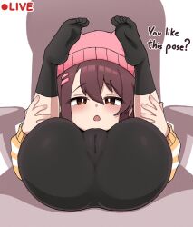 1girl ass ass_focus bike_shorts blush brown_eyes brown_hair cameltoe chair english_text feet hair_ornament hairclip hat highres koonowen leg_grab legs livestream loli looking_at_viewer on_chair original plow_pose shorts socks solo thighs