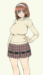 1girl blue_eyes blush breasts brown_hair character_request commentary_request copyright_request cowboy_shot hairband hand_on_own_hip highres large_breasts looking_at_viewer pas_(paxiti) plaid_clothes plaid_skirt pleated_skirt short_hair skirt smile solo sweater turtleneck